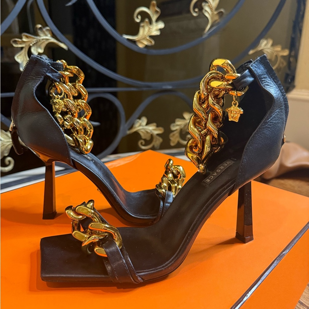 Versace Black Heels with Gold Chain Accents - Picture 3 of 5